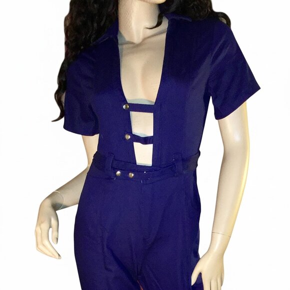 New Dark Lightweight Denim Jean Keyhole Plunge Jumpsuit Romper S, M, L - Picture 5 of 5